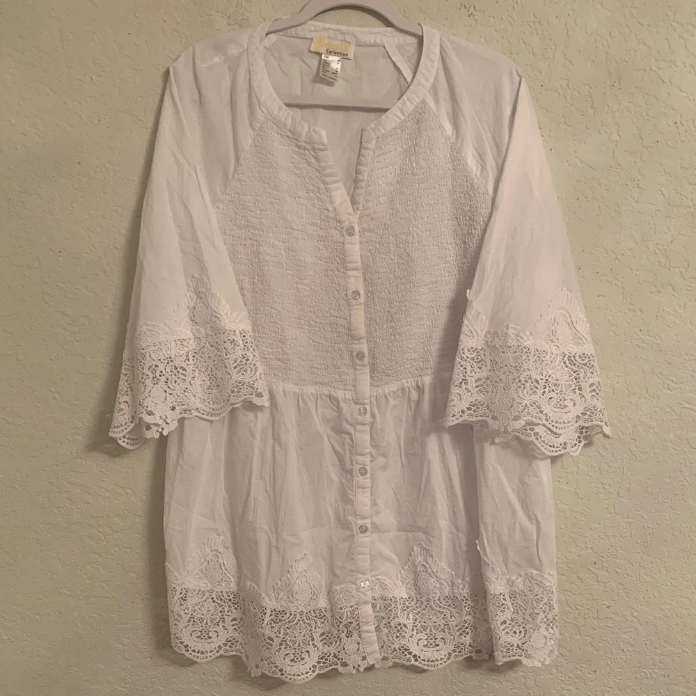 Alessa W Collection White Smocked Lace Button-Up Blouse Size 18